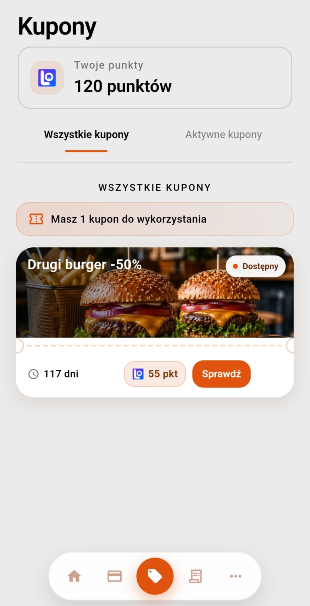 Ekran aplikacji lojalnościowej Loyolo dla gastronomii: kupon „Drugi burger -50%” do wykorzystania.