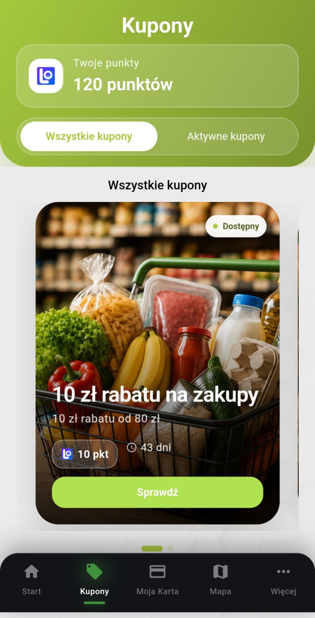 Ekran aplikacji lojalnościowej Loyolo dla sklepu: kupon „10 zł rabatu na zakupy” i saldo 120 punktów.