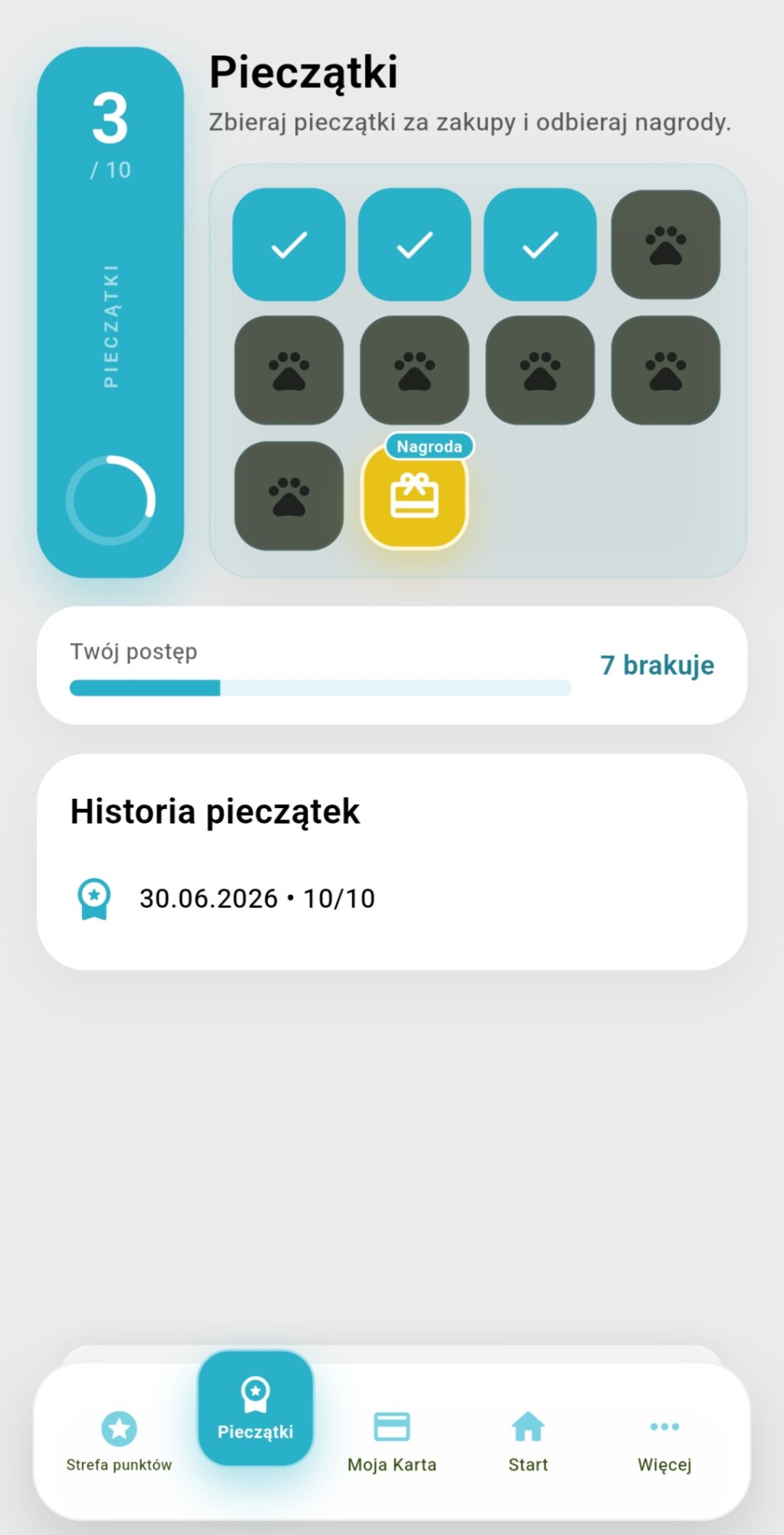 Ekran aplikacji lojalnościowej Loyolo dla salonu usługowego: karta pieczątek 3 z 10 i historia wizyt.